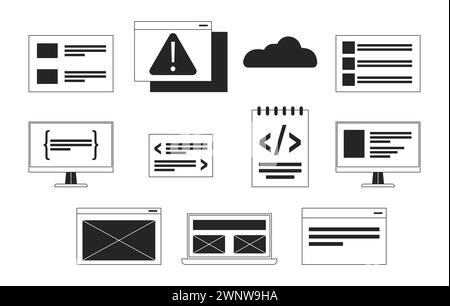 Software development black and white 2D line cartoon objects set Stock Vector