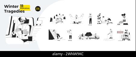 Winter hazards black and white cartoon flat illustration bundle Stock Vector