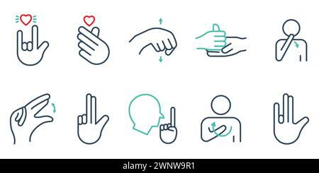 sign language. sign language icon set. i love you, help, yes, no, thank you , etc. line icon style. business element vector illustration Stock Vector