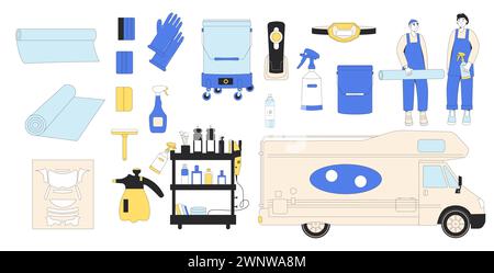 Vehicle wrapping set. Car detailing. Repair auto. Collection of isolated automobile service tools. Vector illustration in flat with outline. Stock Vector