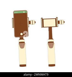 Gimbal with mobile isolated on white background. Phone stabilizer. Outline vector flat illustration. Stock Vector