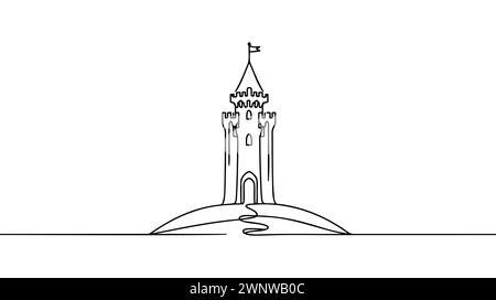 Single one line drawing of castle in an amusement park with four towers and two flags on it. A fort that contains an atmosphere in a fairy tale. Conti Stock Vector