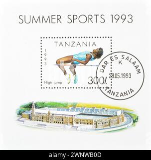 Cancelled postage stamp printed by Tanzania, that shows High jump, circa 1993. Stock Photo