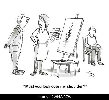 BW cartoon of a painter trying to paint a man's portrait.  She is having trouble painting because of the man looking over her shoulder and watching. Stock Photo