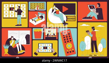 On-demand online entertainment bento grid illustration set Stock Vector