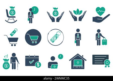 employee benefits icon set. contains icon retirement plan, flexible working, certificate, bonus, etc. solid icon style. business element vector illust Stock Vector