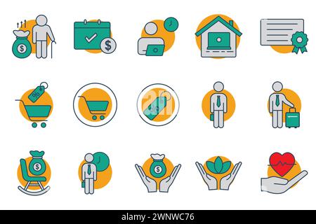 employee benefits icon set. contains icon retirement plan, flexible working, certificate, bonus, etc. flat line icon style. business element vector il Stock Vector
