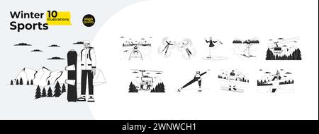 Winter sports activities black and white cartoon flat illustration bundle Stock Vector