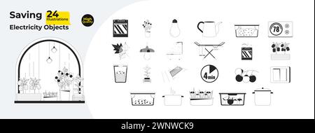 Conserving energy at household black and white 2D line cartoon objects bundle Stock Vector