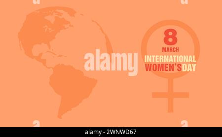 Woman symbol with text and Earth globe on orange background. International Women's day greeting card. Flat vector illustration Stock Vector