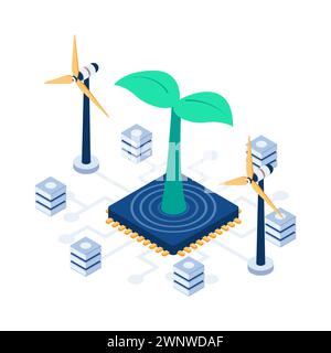 Flat 3d Isometric Plant Growth on Computer Microchip. Eco Technology Concept. Stock Vector