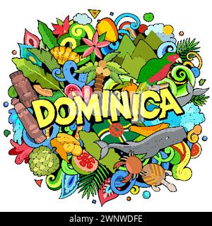 Vector funny doodle illustration with Dominica theme. Vibrant and eye-catching design, capturing the essence of North America culture and traditions t Stock Vector