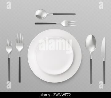 3d plate with cutlery top view. Realistic vector illustration set of kitchen or restaurant tableware - two white porcelain platters, knife, forks and spoons for different food. Dinnerware mockup. Stock Vector