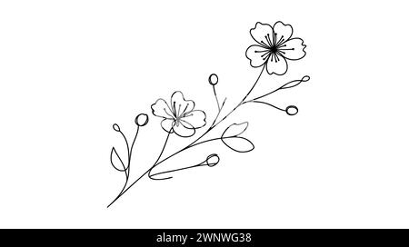 Hand drawn cherry blossom. Sakura branch with flower one continuous line art. Blooming Apple tree Vector illustration. Stock Vector