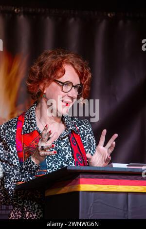 March 02, 2024, Neustadt an der Weinstraße: Political scientist and publicist Prof. Dr Ulrike Guerot in a lecture followed by a panel discussion Stock Photo