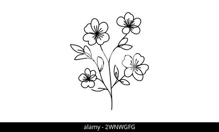 Hand drawn cherry blossom. Sakura branch with flower one continuous line art. Blooming Apple tree Vector illustration. Stock Vector