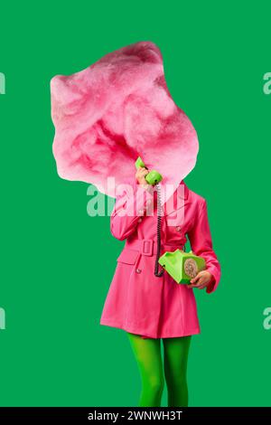 Contemporary art collage. Young woman in bright attire cotton candy instead of head talking on retro phone against vibrant background. Stock Photo