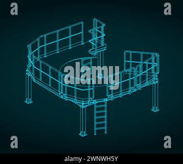 Stylized vector illustration of an isometric blueprint of a service metal structure platform Stock Vector
