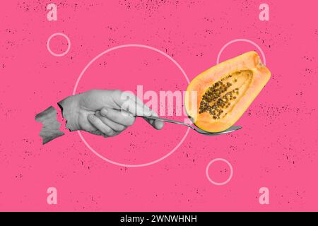 Creative poster collage photo advert of papaya fruit juicy nutrient with vitamins holding on spoon isolated over magenta color background Stock Photo