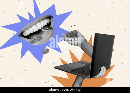 Collage photo of internet community human mouth laughing person showing fraud gesture no money isolated on beige color background Stock Photo