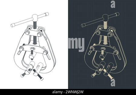Stylized vector illustrations of isometric blueprints of a tube welding clamp Stock Vector