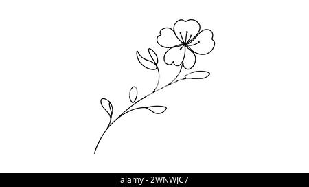 Hand drawn cherry blossom. Sakura branch with flower one continuous line art. Blooming Apple tree Vector illustration. Stock Vector