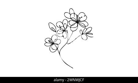 Hand drawn cherry blossom. Sakura branch with flower one continuous line art. Blooming Apple tree Vector illustration. Stock Vector