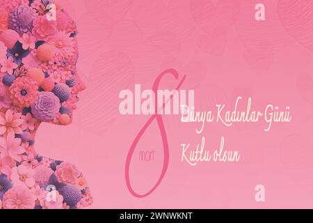 8 Mart Dunya Kadinlar Gunu Kutlu Olsun or Happy March 8 international women's day . A floral pattern woman on a pink heart-filled background Stock Vector