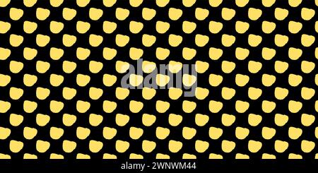 Playful polka dot delight Seamless vector pattern featuring yellow freeform dots on a black backdrop. Creative texture of chaotic round shapes and Stock Vector