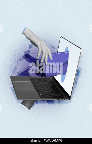 Vertical collage image of black white effect arm hold laptop send letter message envelope screen isolated on drawing blue background Stock Photo