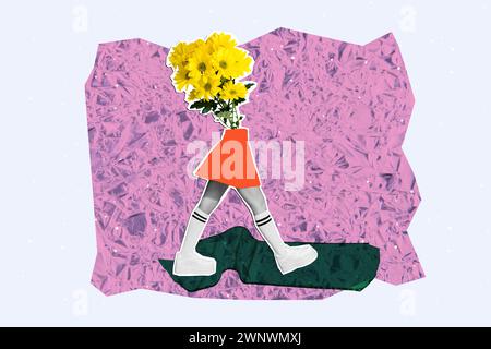 Collage photo of headless absurd ukrainian lady in skirt yellow bouquet daisy flowers strolling isolated over pink color foil background Stock Photo