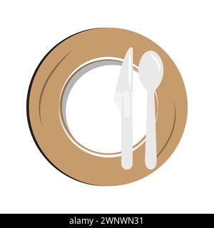 Dish, Empty plate with knife and fork  isolated on a white background. Plate circle icon with long shadow. Flat design style. Stock Vector