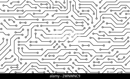 Computer motherboard seamless pattern, circuit board background. Vector intricate circuitry motif with soldered connections and electronic components, creating dynamic and interconnected tile design Stock Vector