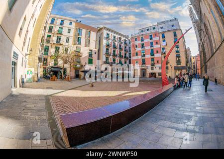 BARCELONA, SPAIN - FEB. 27, 2022: Plaza Fossar de les Moreres, a memorial square with a monument, a flame and the engraved poem by Frederic Soler, in Stock Photo