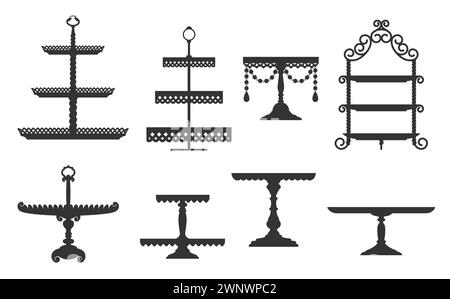 Tea and wedding cake platter, stand and tray silhouettes. Elegant black vector tables or plates for fruits and desserts served during festive events and ceremonies, symbolizing joy and refinement Stock Vector