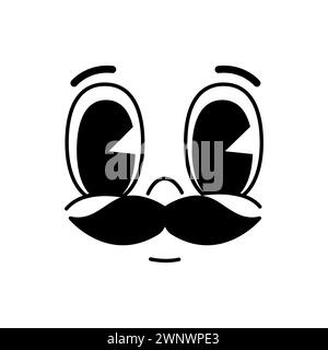 Cartoon groovie face with mustaches, funny comic retro emoji character, vector smile emoticon. Goggle eyes with mouth and moustaches for emoji or emoticon face of groovy funny expression Stock Vector