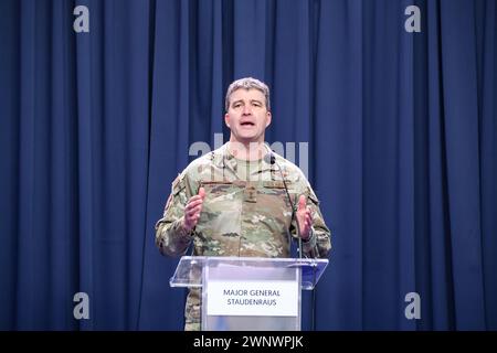 Major General Staudenraus speaks during a press conference during NATO's Dragon-24 exercise, a part of large scale Steadfast Defender-24 exercise in Korzeniewo, Poland on March 4, 2024. The Steadfast Defender-2 exercises, which will take place mainly in Central Europe, will involve some 90,000 troops from all NATO countries as well as Sweden. Their aim is to deter and present defend abilities in the face of aggression. Stock Photo