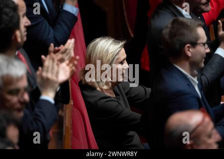 Versailles, France. 04th Mar, 2024. Marine Le Pen during the convocation of a congress of both houses of parliament in Versailles, southwestern of Paris, on March 4, 2024, to anchor the right to abortion in the country's constitution. Photo by Eliot Blondet/ABACAPRESS.COM Credit: Abaca Press/Alamy Live News Stock Photo