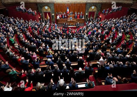 Versailles, France. 04th Mar, 2024. General view during the convocation of a congress of both houses of parliament in Versailles, southwestern of Paris, on March 4, 2024, to anchor the right to abortion in the country's constitution. Photo by Eliot Blondet/ABACAPRESS.COM Credit: Abaca Press/Alamy Live News Stock Photo