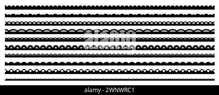 Scallop lace edge frames, borders and dividers, fabric patterns, frill ribbons vector set. Black scalloped elegant stripes with curved ornaments and delicate vintage intricacy, monochrome elements Stock Vector