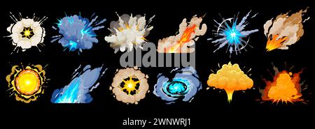 Cartoon bomb explosions, smoke and boom blast clouds, vector icons. Atomic bomb mushroom explode or TNT dynamite explosion with fire burn, firework boom flash or pop puff and burst rays of explosives Stock Vector