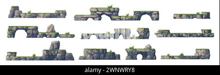 8bit arcade pixel art game platforms with rock stones and green grass. Isolated vector set of 2d elements, nostalgic videogame landscape, obstacles, classic gaming objects for retro-inspired adventure Stock Vector