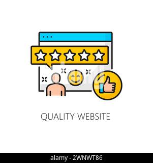 Quality website. Sem. Search engine marketing isolated vector thin line icon showcasing pc screen, thumb up, and customer feedback with five stars. Web content optimization strategy stroke sign Stock Vector