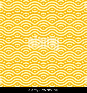 Ramen noodle pasta seamless pattern background. Vector tile featuring enticing, delectably intertwined macaroni or spaghetti strands in yellow colors, forming an appetizing and visually pleasing waves Stock Vector