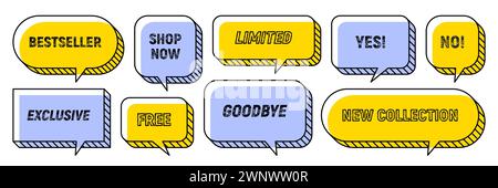 Memphis speech bubbles isolated vector set. Yellow and Purple dialog clouds featuring bold colors and typography bestseller, shop now, exclusive, free, limited, goodbye, new collection, no and yes Stock Vector