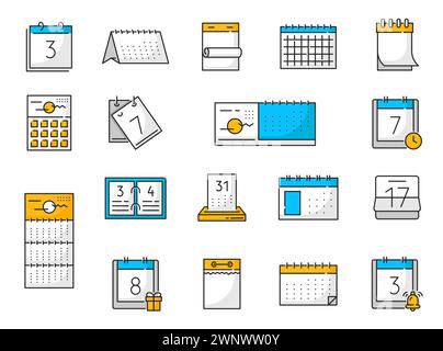 Calendar outline icons. Business planner memo, education schedule or time organizer app thin line vector pictograms. Deadline countdown, event or meeting day reminder, tear off or binder calendar icon Stock Vector