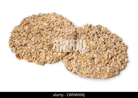 Pair of fresh baked homemade crispy oat crackers close up isolated on white background Stock Photo