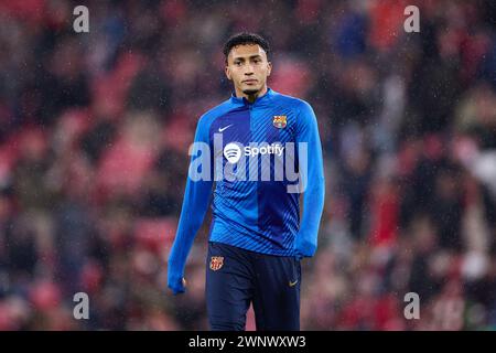 Raphael Dias Belloli 'Raphinha' of FC Barcelona warms up during the Spanish championship La Liga football match between Athletic Club and FC Barcelona on March 3, 2024 at San Mames in Bilbao, Spain Stock Photo