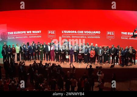 The leader of the Italian Democratic Party (PD) Elly Schlein (3rdR) stands on stage with European Commissioner for Jobs and Social rights, PES designated Common Candidate Nicolas Schmit (C), Portuguese Prime Minister, Antonio Costa (2ndR), Spanish Prime Minister, Spanish Socialist Workers' Party, Pedro Sanchez (2ndR-2nd row), Romanian Prime Minister, PSD, Marcel Ciolacu (4thL), leader of SPD Finland, Antti Lindtman (C, 2nd row), PES President Stefan Lofven (2ndL), German Chancellor, SPD Olaf Scholz (R) during the election congress of the Party of European Socialists (PES) ahead of the upcoming Stock Photo