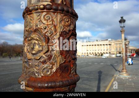 Old rusty decoration on street lamp on Place de la Concorde in Paris Stock Photo